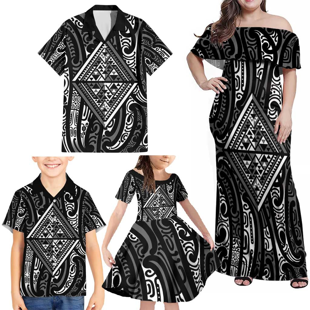 New Zealand Maori Taniko Family Matching Off Shoulder Maxi Dress and Hawaiian Shirt Black Kowhaiwhai Puhoro