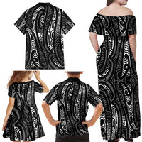 New Zealand Maori Taniko Family Matching Off Shoulder Maxi Dress and Hawaiian Shirt Black Kowhaiwhai Puhoro