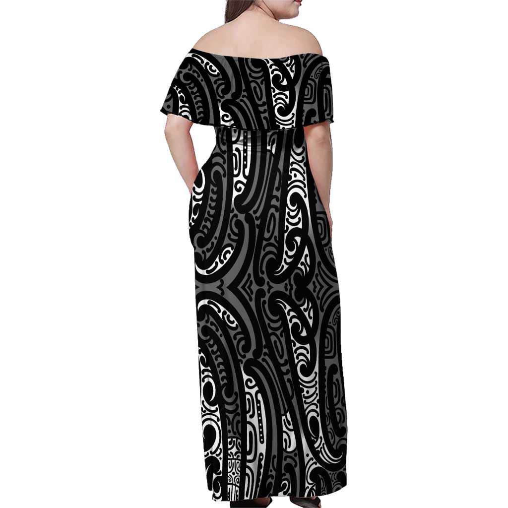 New Zealand Maori Taniko Family Matching Off Shoulder Maxi Dress and Hawaiian Shirt Black Kowhaiwhai Puhoro