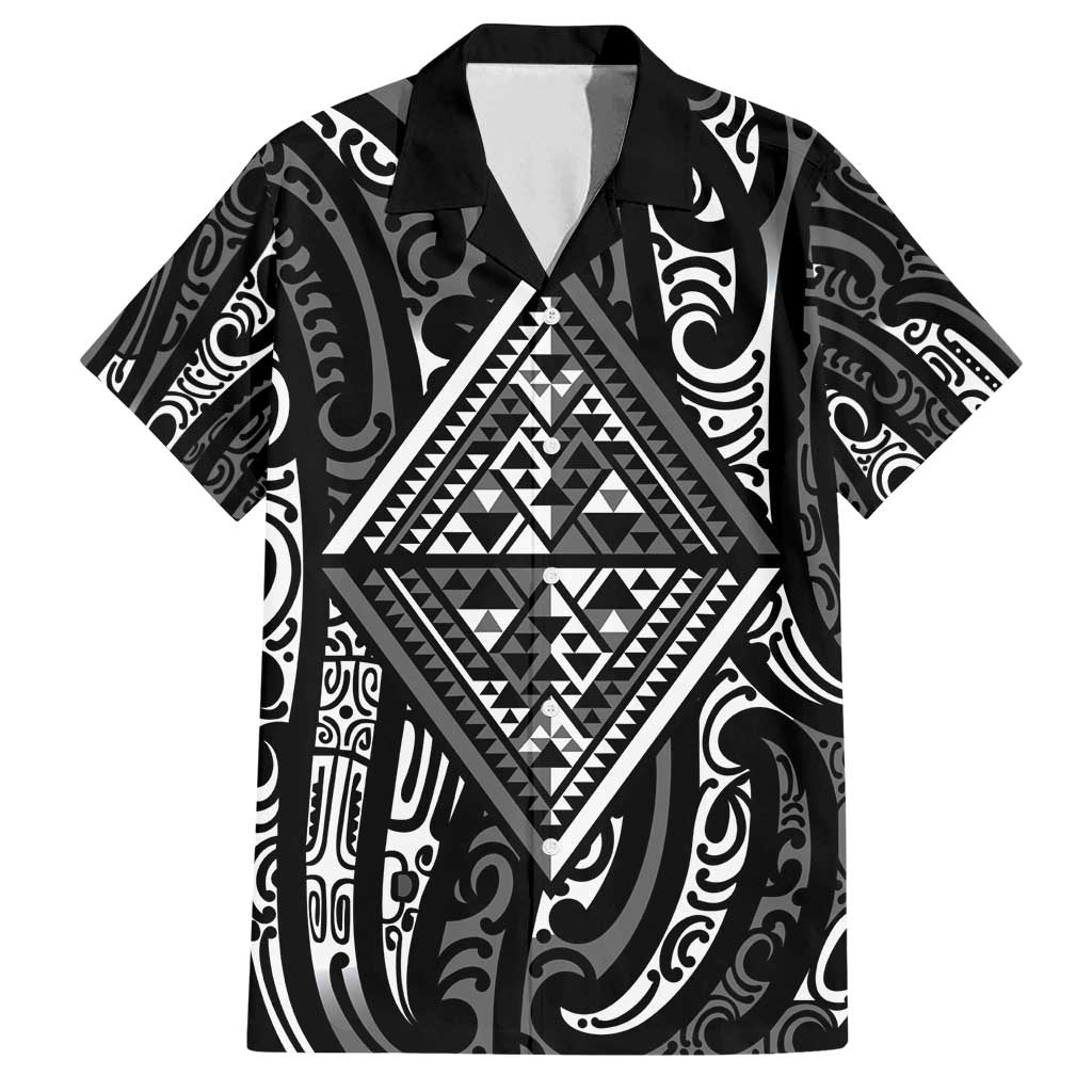 New Zealand Maori Taniko Family Matching Off Shoulder Short Dress and Hawaiian Shirt Black Kowhaiwhai Puhoro