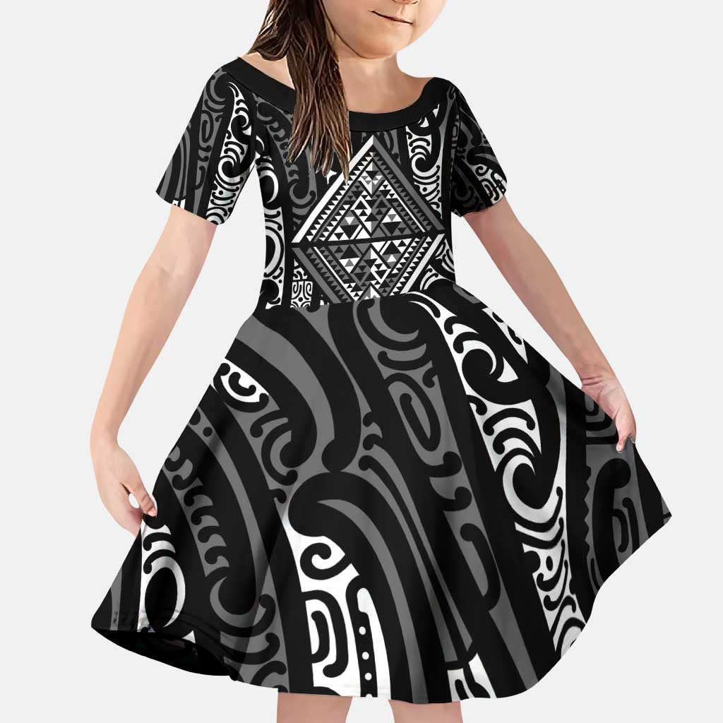 New Zealand Maori Taniko Family Matching Puletasi and Hawaiian Shirt Black Kowhaiwhai Puhoro LT9 Daughter's Dress Black - Polynesian Pride