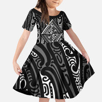 New Zealand Maori Taniko Family Matching Puletasi and Hawaiian Shirt Black Kowhaiwhai Puhoro LT9 Daughter's Dress Black - Polynesian Pride