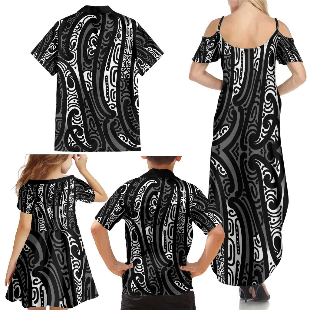 New Zealand Maori Taniko Family Matching Summer Maxi Dress and Hawaiian Shirt Black Kowhaiwhai Puhoro