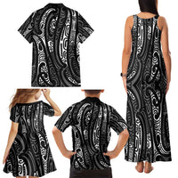 New Zealand Maori Taniko Family Matching Tank Maxi Dress and Hawaiian Shirt Black Kowhaiwhai Puhoro