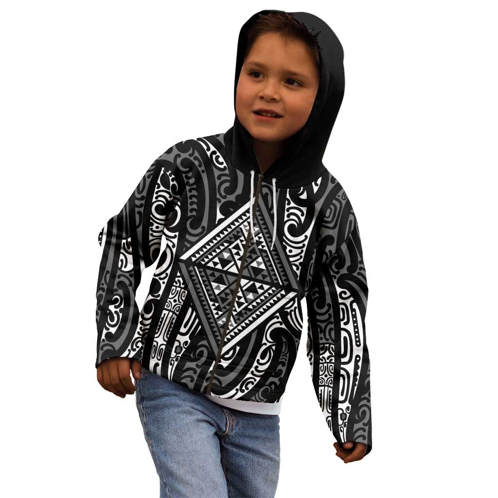 New Zealand Maori Taniko Kid Hoodie Black Kowhaiwhai Puhoro