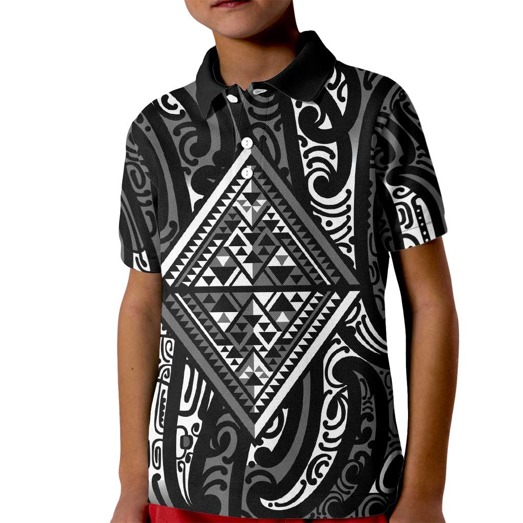 New Zealand Maori Taniko Kid Polo Shirt Black Kowhaiwhai Puhoro