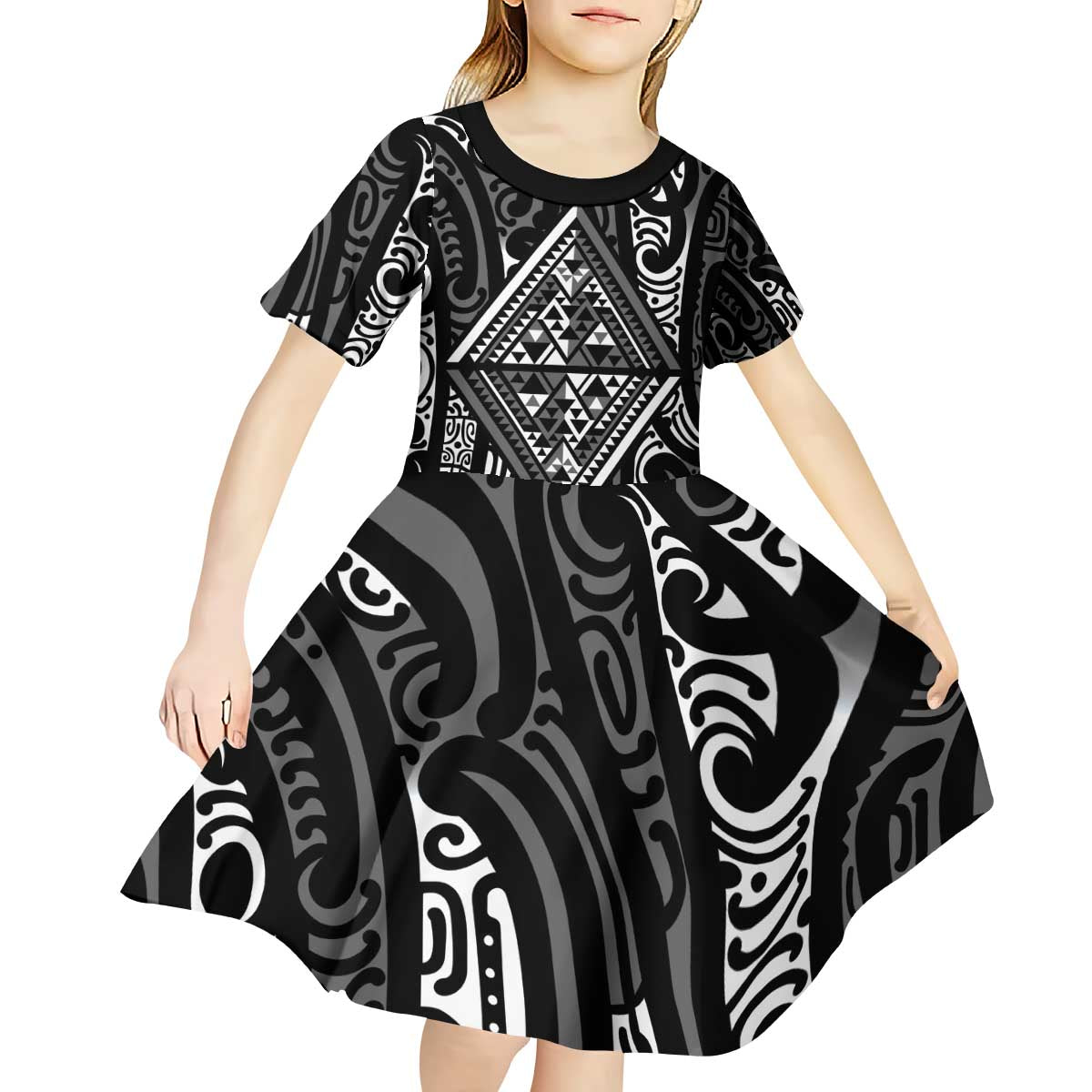 New Zealand Maori Taniko Kid Short Sleeve Dress Black Kowhaiwhai Puhoro