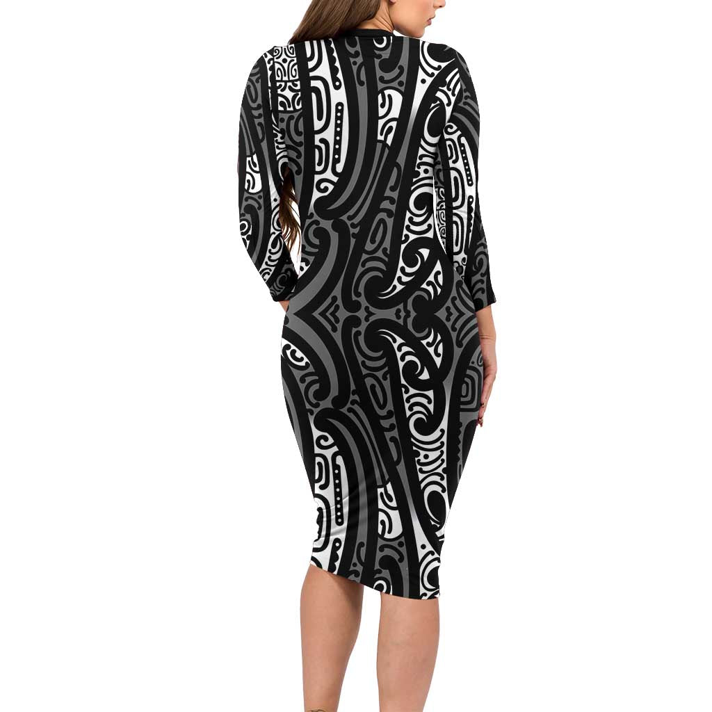 New Zealand Maori Taniko Long Sleeve Bodycon Dress Black Kowhaiwhai Puhoro