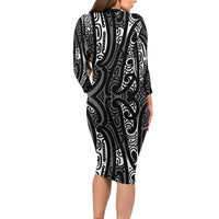 New Zealand Maori Taniko Long Sleeve Bodycon Dress Black Kowhaiwhai Puhoro