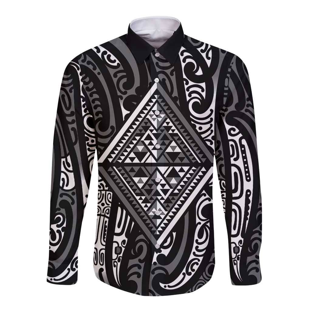 New Zealand Maori Taniko Long Sleeve Button Shirt Black Kowhaiwhai Puhoro LT9 Unisex Black - Polynesian Pride