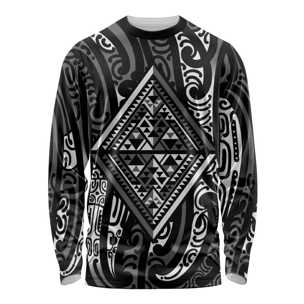 New Zealand Maori Taniko Long Sleeve Shirt Black Kowhaiwhai Puhoro