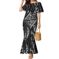 New Zealand Maori Taniko Mermaid Dress Black Kowhaiwhai Puhoro