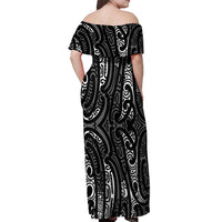 New Zealand Maori Taniko Off Shoulder Maxi Dress Black Kowhaiwhai Puhoro