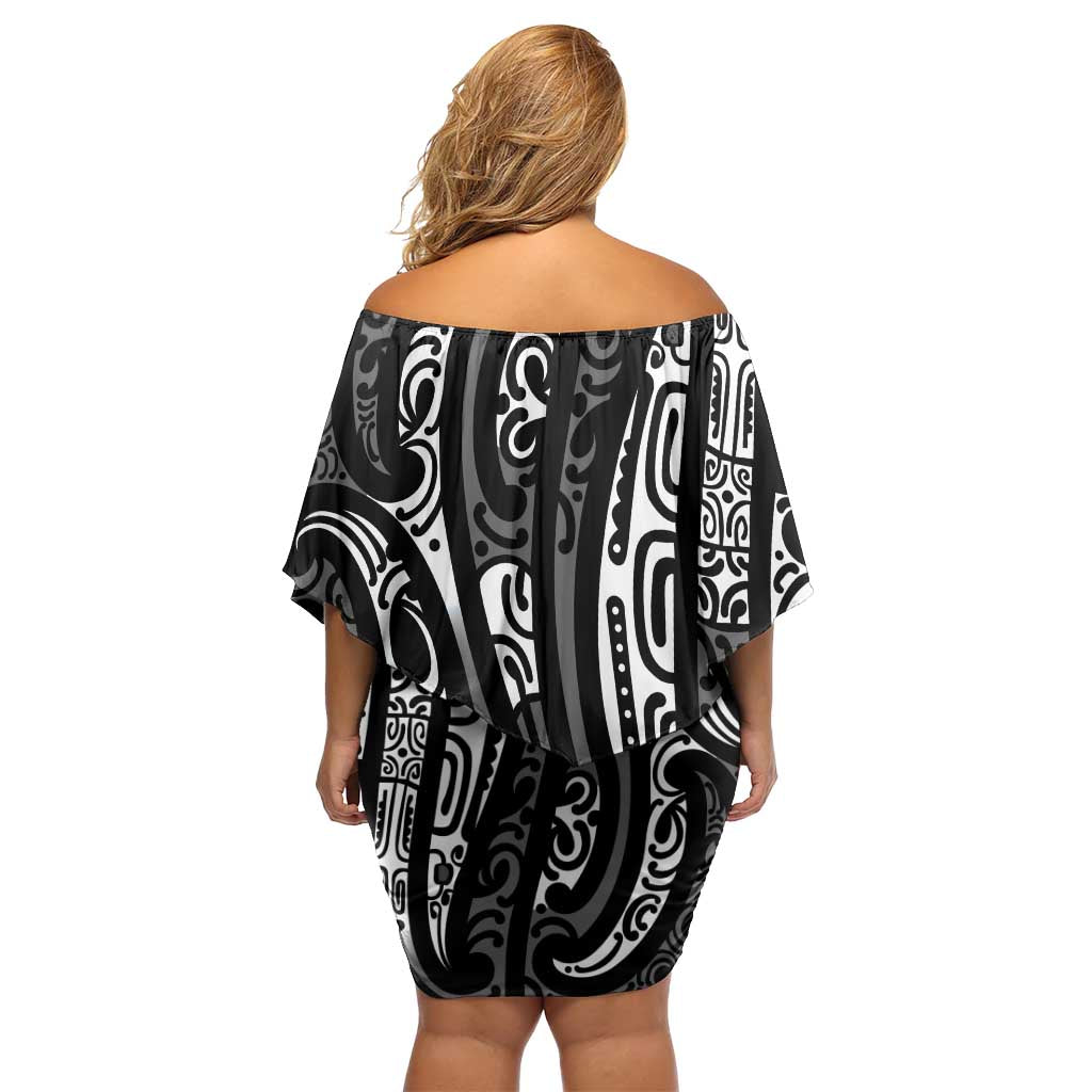 New Zealand Maori Taniko Off Shoulder Short Dress Black Kowhaiwhai Puhoro