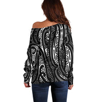 New Zealand Maori Taniko Off Shoulder Sweater Black Kowhaiwhai Puhoro