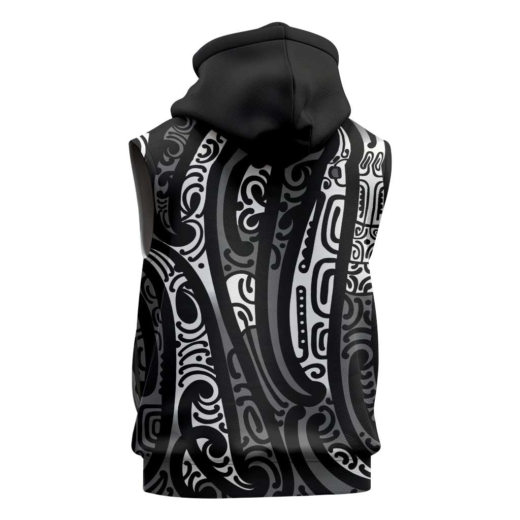 New Zealand Maori Taniko Sleeveless Hoodie Black Kowhaiwhai Puhoro - Polynesian Pride