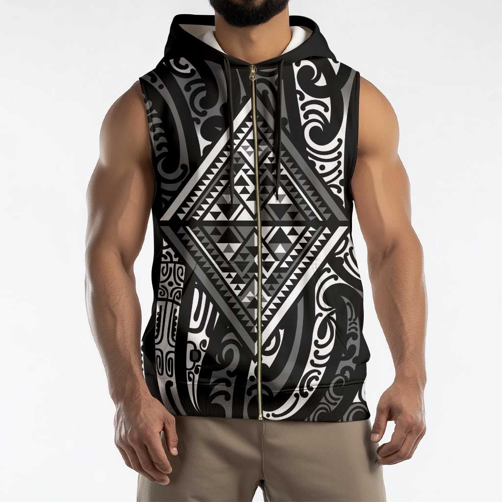 New Zealand Maori Taniko Sleeveless Zip Hoodie Black Kowhaiwhai Puhoro - Polynesian Pride