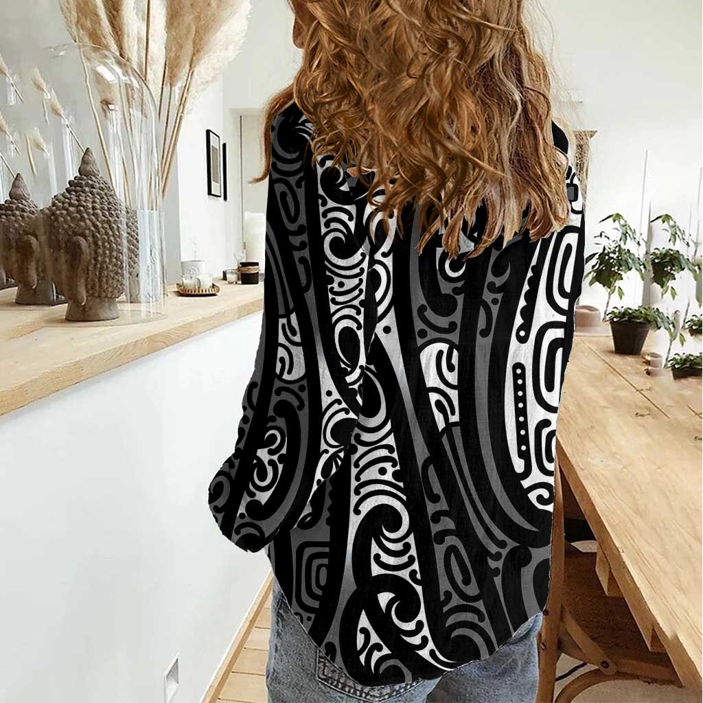 New Zealand Maori Taniko Women Casual Shirt Black Kowhaiwhai Puhoro