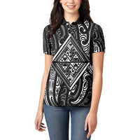 New Zealand Maori Taniko Women Polo Shirt Black Kowhaiwhai Puhoro