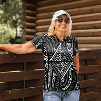 New Zealand Maori Taniko Women Polo Shirt Black Kowhaiwhai Puhoro