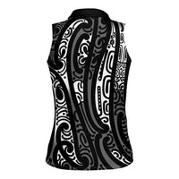 New Zealand Maori Taniko Women Sleeveless Polo Shirt Black Kowhaiwhai Puhoro
