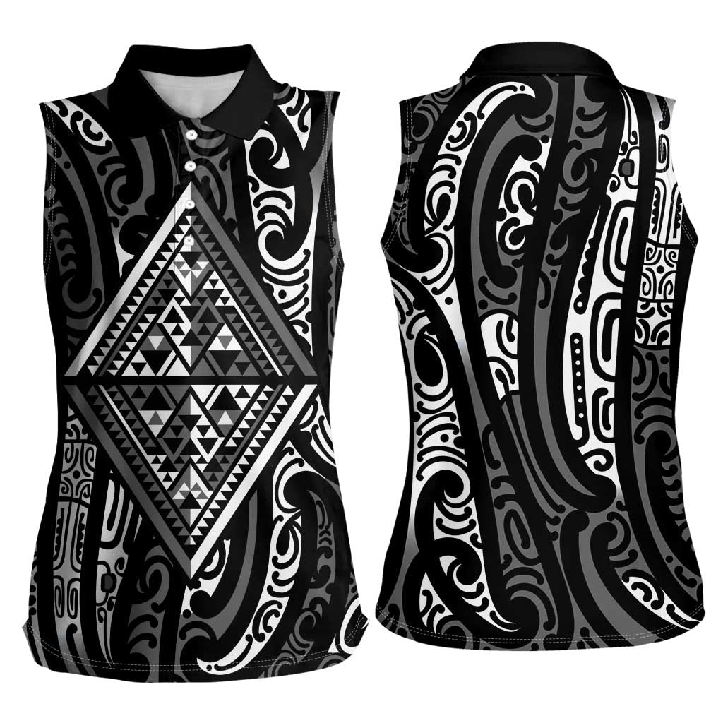 New Zealand Maori Taniko Women Sleeveless Polo Shirt Black Kowhaiwhai Puhoro
