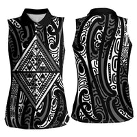 New Zealand Maori Taniko Women Sleeveless Polo Shirt Black Kowhaiwhai Puhoro