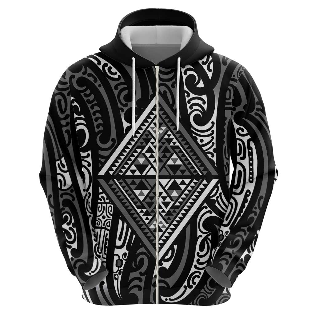 New Zealand Maori Taniko Zip Hoodie Black Kowhaiwhai Puhoro LT9 - Polynesian Pride