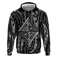 New Zealand Maori Taniko Zip Hoodie Black Kowhaiwhai Puhoro LT9 Pullover Hoodie Black - Polynesian Pride