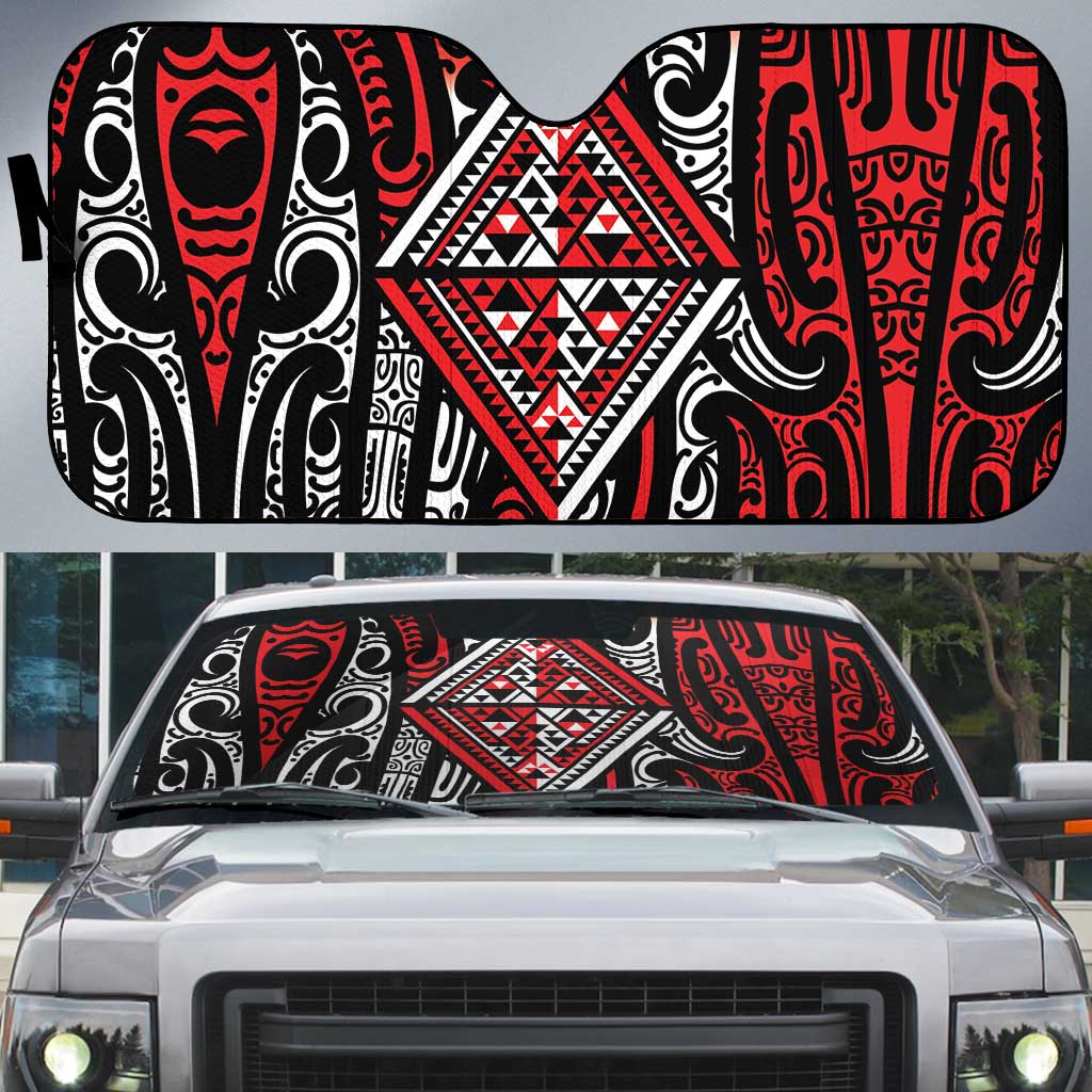 New Zealand Maori Taniko Auto Sun Shade Red Kowhaiwhai Puhoro - Polynesian Pride