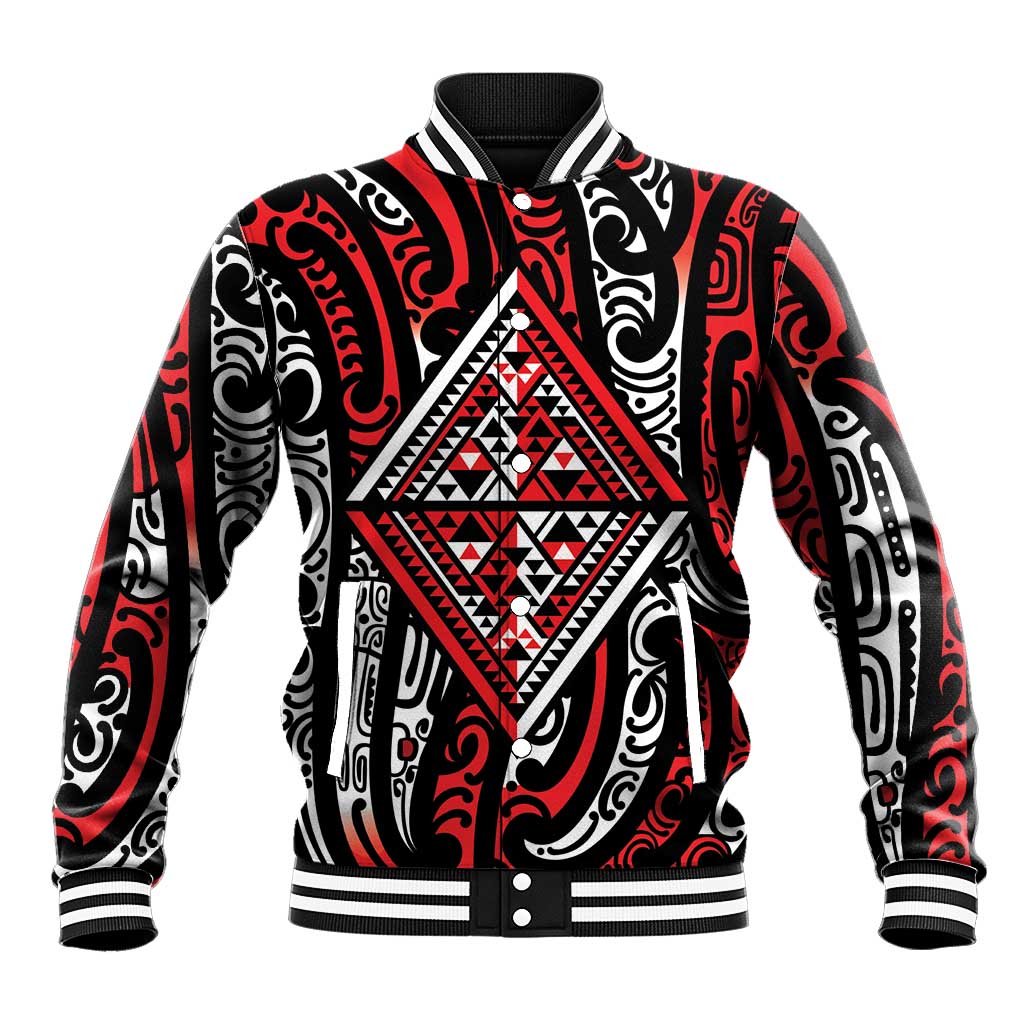 New Zealand Maori Taniko Baseball Jacket Red Kowhaiwhai Puhoro