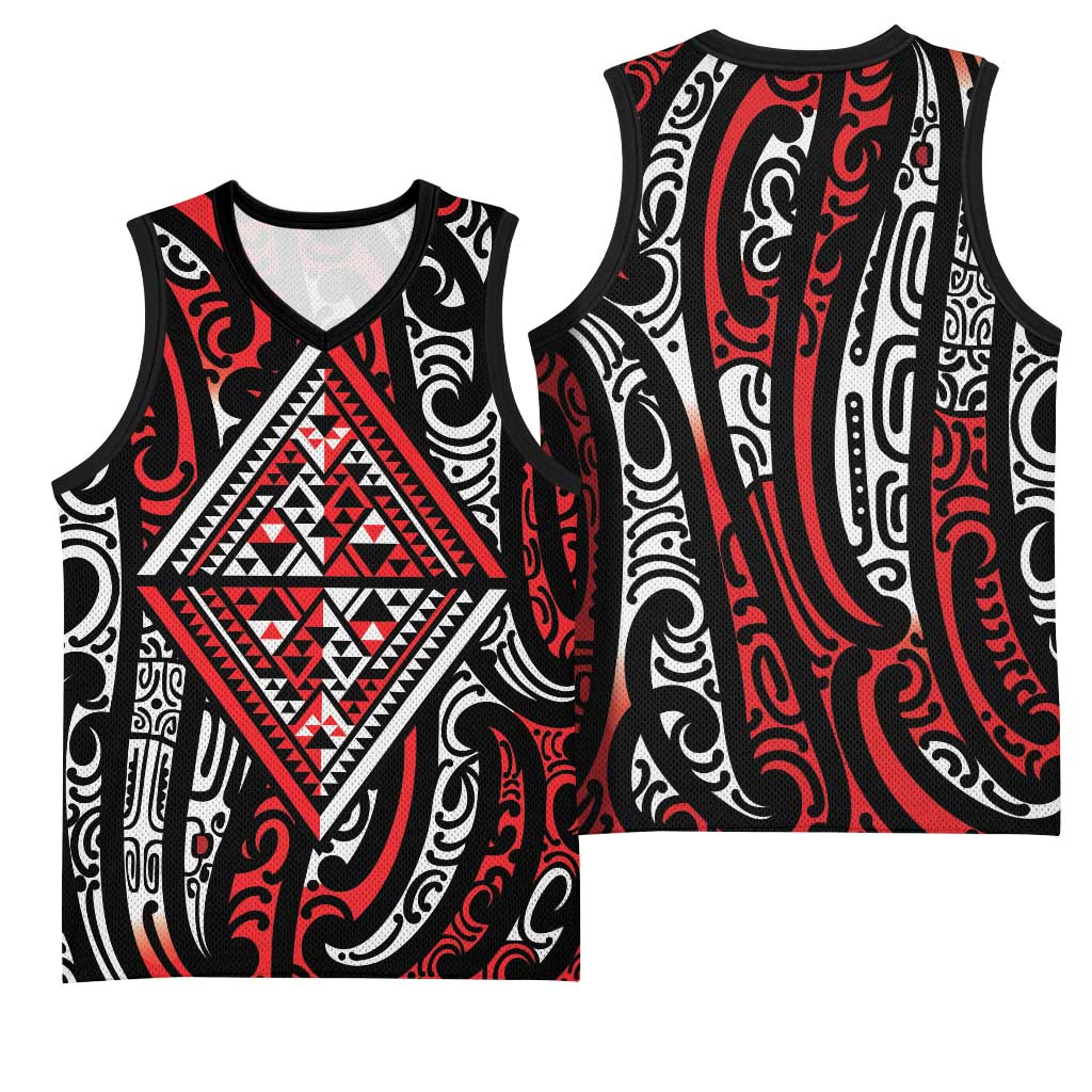 New Zealand Maori Taniko Basketball Jersey Red Kowhaiwhai Puhoro - Polynesian Pride