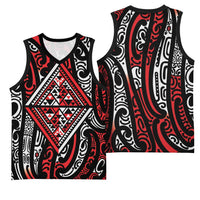 New Zealand Maori Taniko Basketball Jersey Red Kowhaiwhai Puhoro - Polynesian Pride