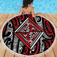 New Zealand Maori Taniko Beach Blanket Red Kowhaiwhai Puhoro