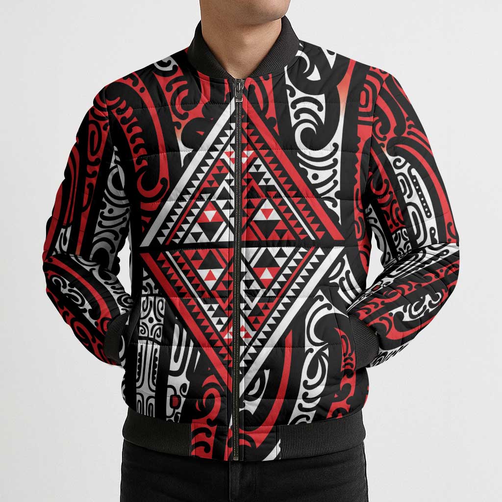 New Zealand Maori Taniko Bomber Puffer Jacket Red Kowhaiwhai Puhoro - Polynesian Pride