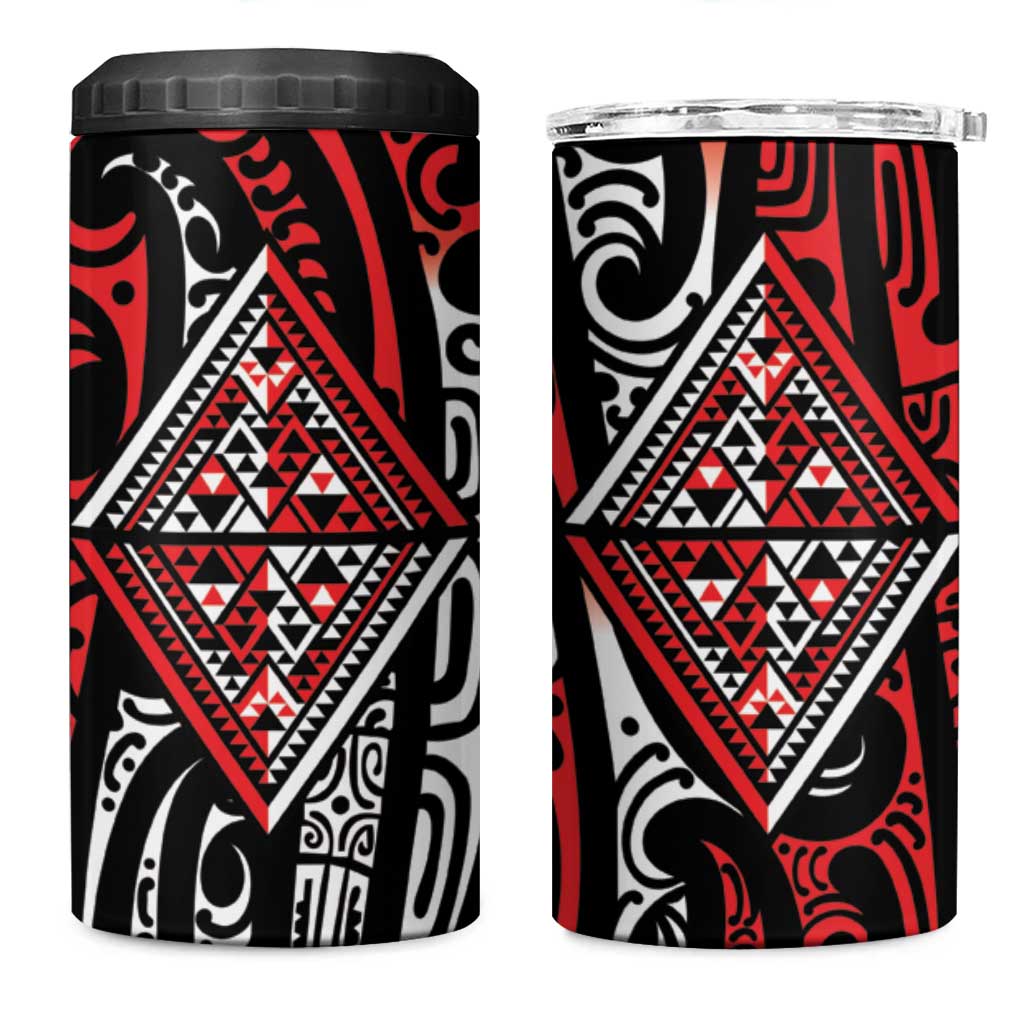 New Zealand Maori Taniko 4 in 1 Can Cooler Tumbler Red Kowhaiwhai Puhoro