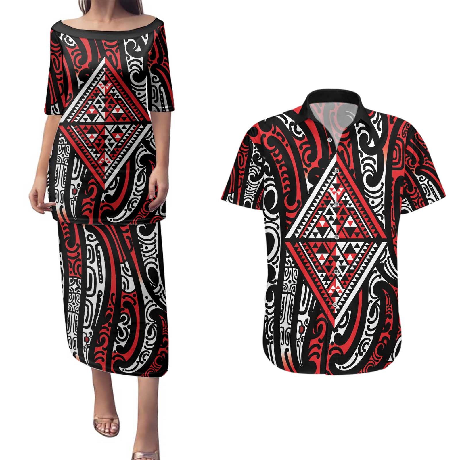 New Zealand Maori Taniko Couples Matching Puletasi and Hawaiian Shirt Red Kowhaiwhai Puhoro