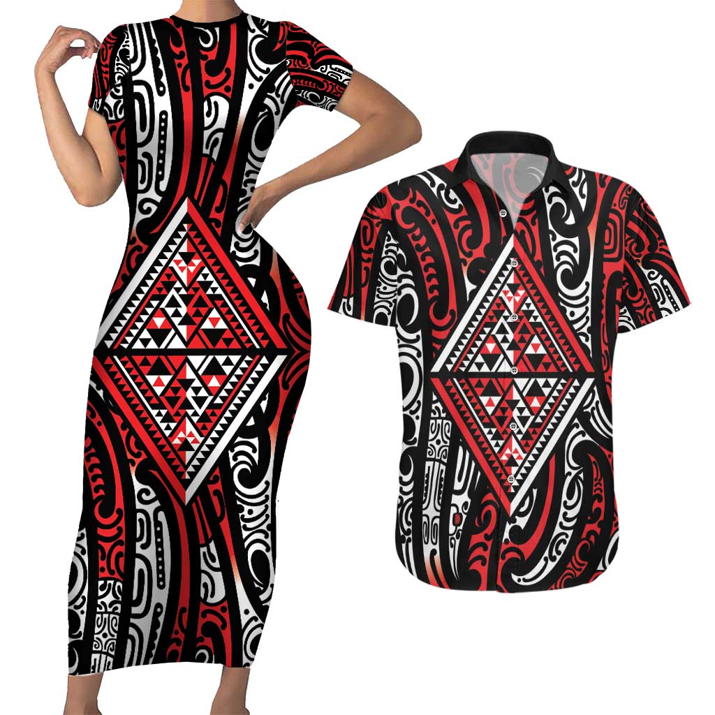 New Zealand Maori Taniko Couples Matching Short Sleeve Bodycon Dress and Hawaiian Shirt Red Kowhaiwhai Puhoro