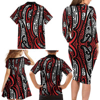 New Zealand Maori Taniko Family Matching Long Sleeve Bodycon Dress and Hawaiian Shirt Red Kowhaiwhai Puhoro