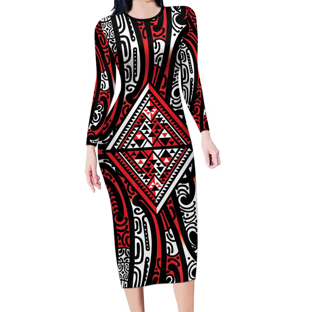 New Zealand Maori Taniko Family Matching Long Sleeve Bodycon Dress and Hawaiian Shirt Red Kowhaiwhai Puhoro