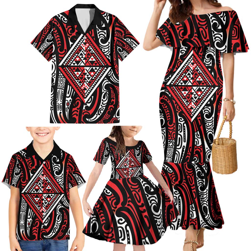New Zealand Maori Taniko Family Matching Mermaid Dress and Hawaiian Shirt Red Kowhaiwhai Puhoro