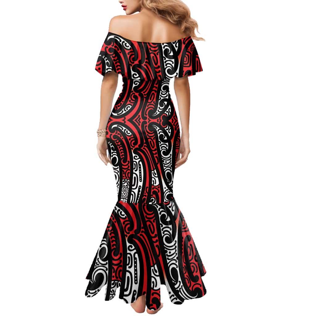 New Zealand Maori Taniko Family Matching Mermaid Dress and Hawaiian Shirt Red Kowhaiwhai Puhoro