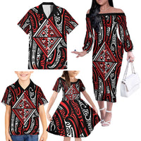 New Zealand Maori Taniko Family Matching Off The Shoulder Long Sleeve Dress and Hawaiian Shirt Red Kowhaiwhai Puhoro