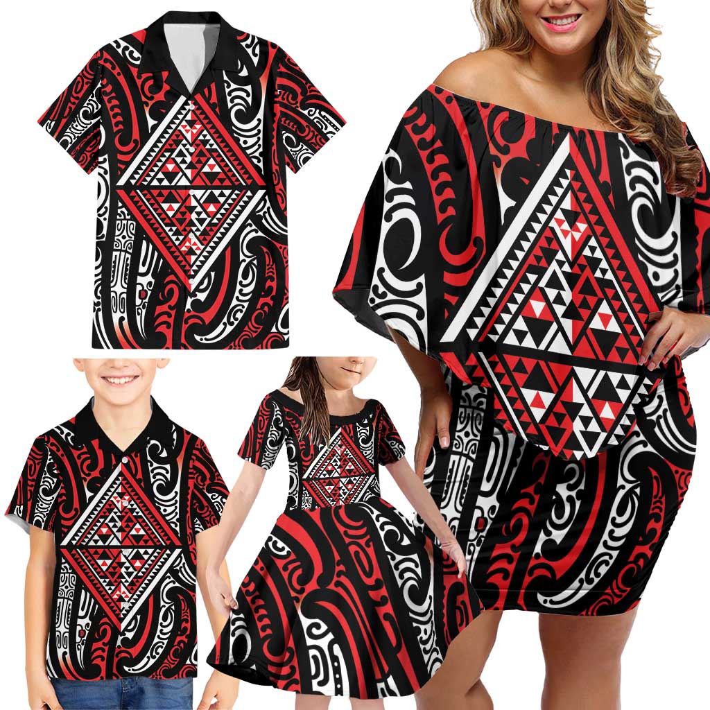 New Zealand Maori Taniko Family Matching Off Shoulder Short Dress and Hawaiian Shirt Red Kowhaiwhai Puhoro