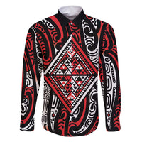 New Zealand Maori Taniko Family Matching Off Shoulder Short Dress and Hawaiian Shirt Red Kowhaiwhai Puhoro LT9 Dad's Shirt - Long Sleeve Red - Polynesian Pride