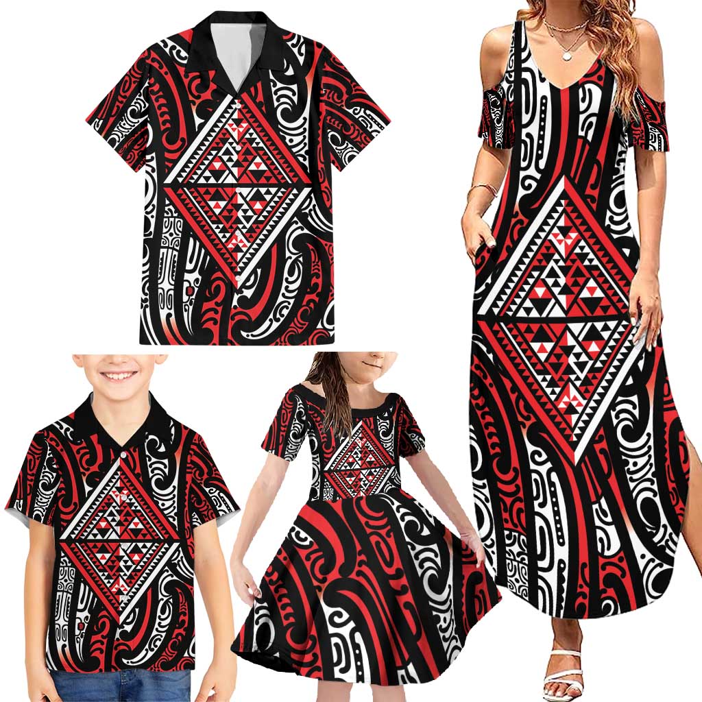 New Zealand Maori Taniko Family Matching Summer Maxi Dress and Hawaiian Shirt Red Kowhaiwhai Puhoro