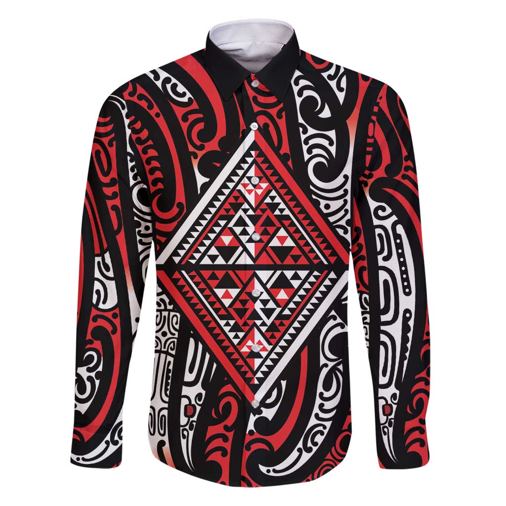 New Zealand Maori Taniko Family Matching Tank Maxi Dress and Hawaiian Shirt Red Kowhaiwhai Puhoro LT9 Dad's Shirt - Long Sleeve Red - Polynesian Pride