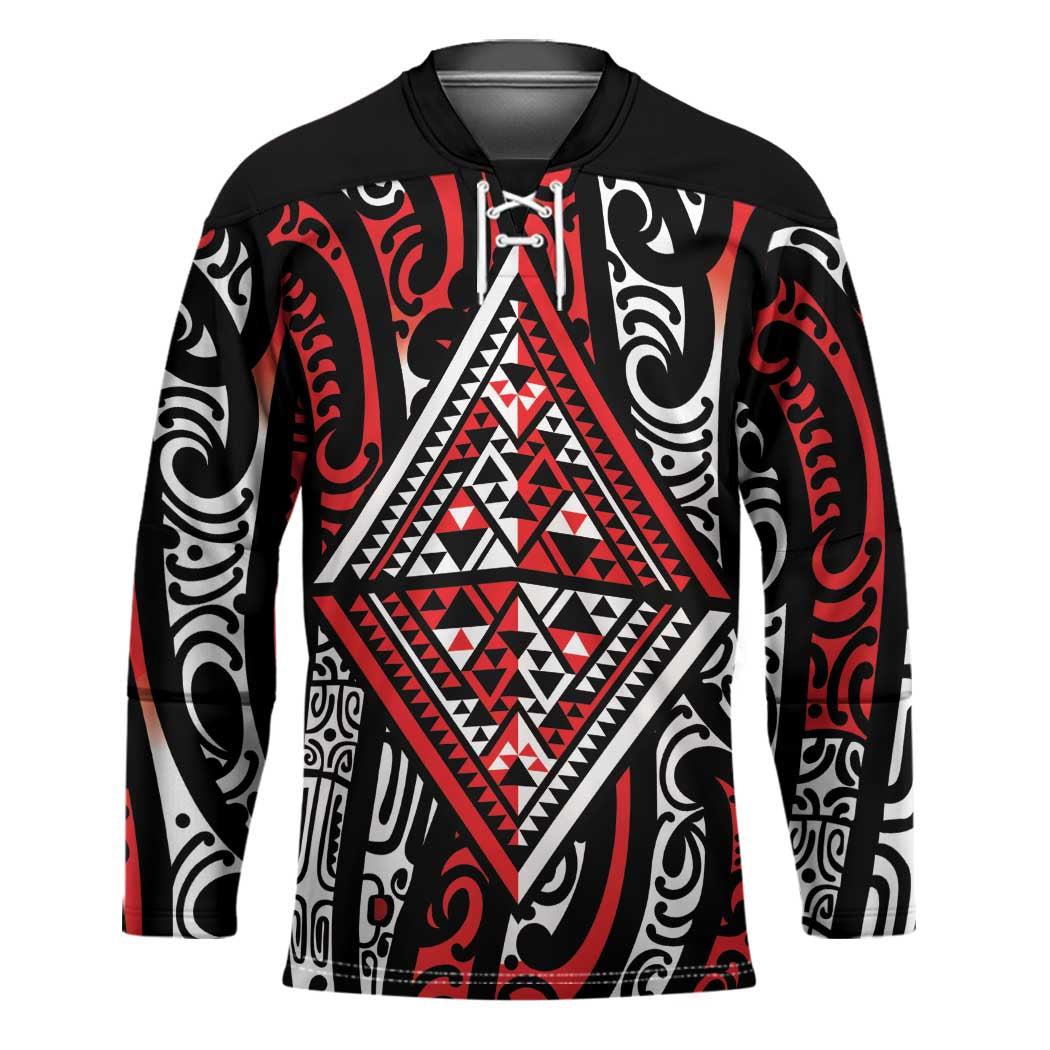 New Zealand Maori Taniko Hockey Jersey Red Kowhaiwhai Puhoro - Polynesian Pride