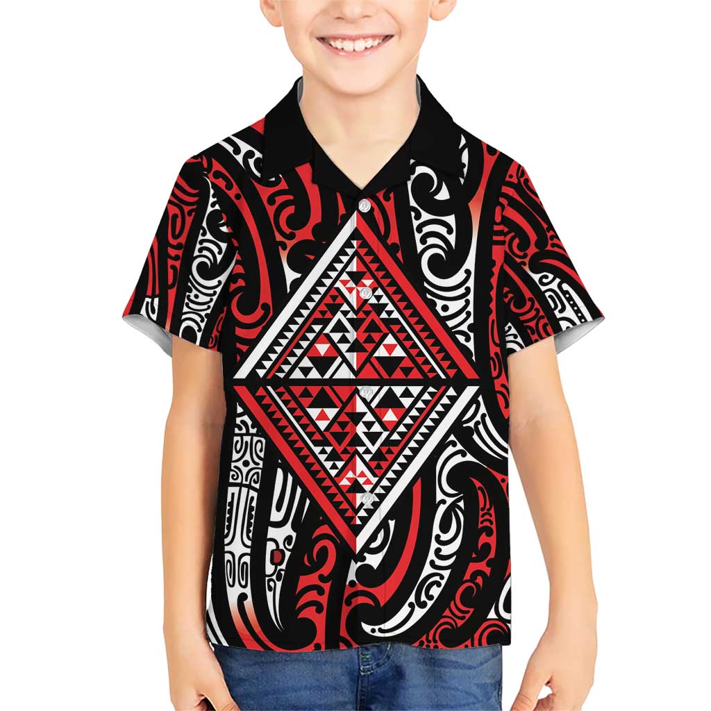 New Zealand Maori Taniko Kid Hawaiian Shirt Red Kowhaiwhai Puhoro