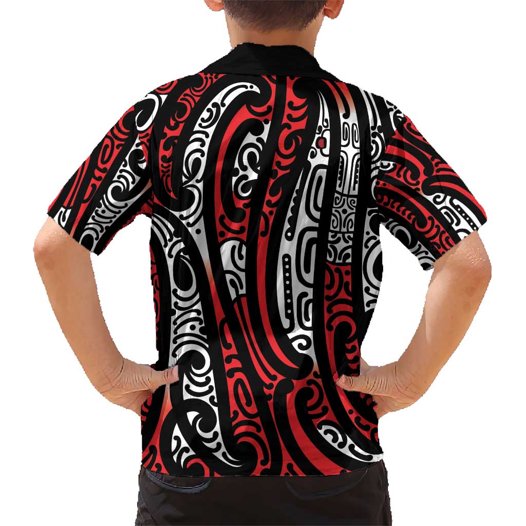New Zealand Maori Taniko Kid Hawaiian Shirt Red Kowhaiwhai Puhoro